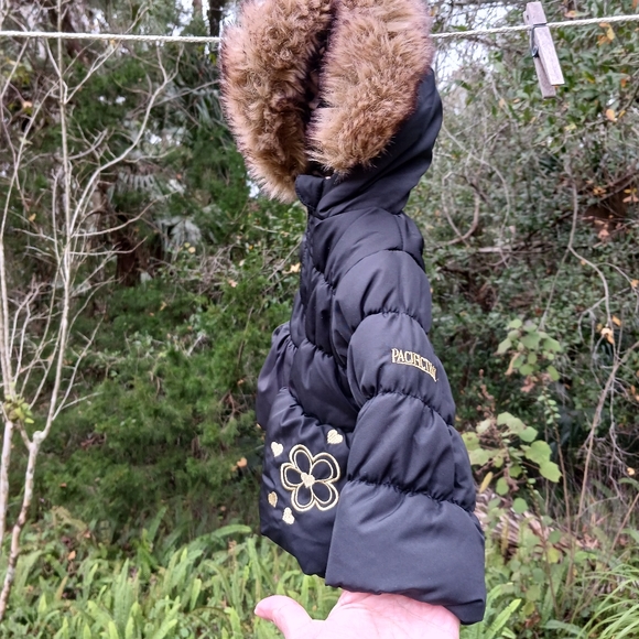 PacificTrail 6 Month Black Puffer Jacket Leopard Print Faux Fur Trimmed Hood - Picture 8 of 13